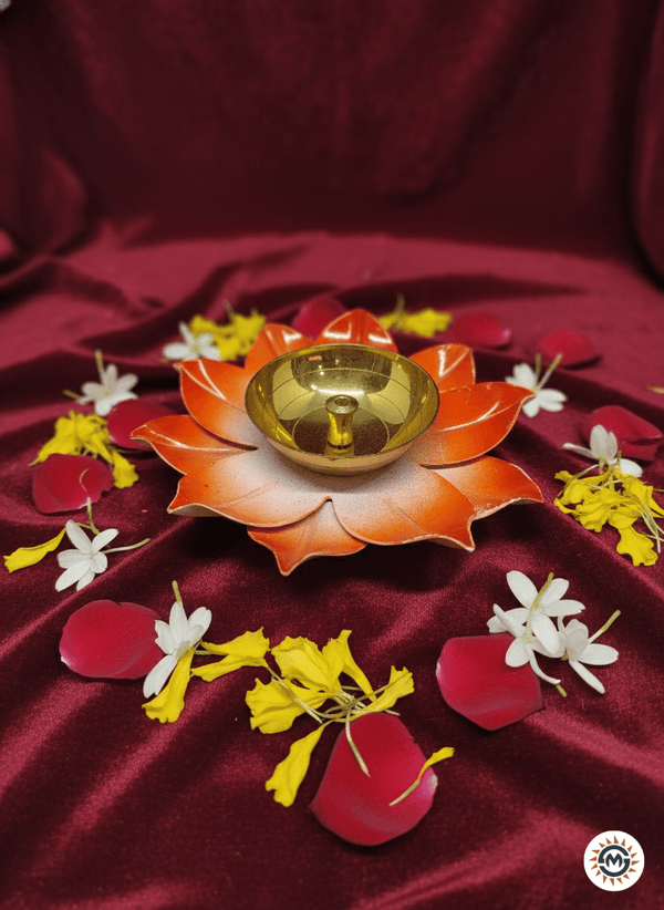 Flower Shaped Brass Diya (Orange)