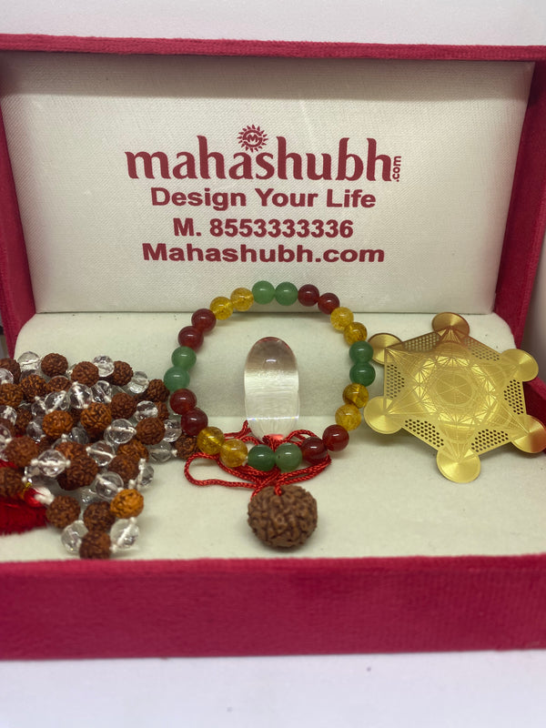 Mahashubh Career Success Kit featuring an energized 10 Mukhi Rudraksha, Sphatik Mala, and Crystal Bracelet for job promotion and professional growth