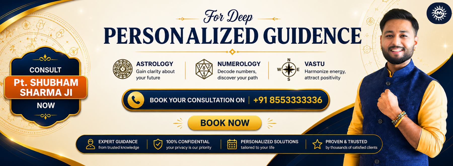 Promotional banner for personalized guidance services with a person on the right side.