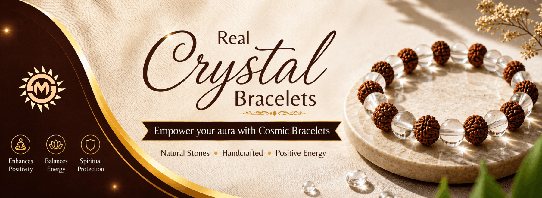A promotional banner for 'Real Crystal Bracelets' showing a beaded bracelet with brown pinecones and clear crystals on a stone plate, alongside decorative text and spiritual icons on a warm beige and brown background.