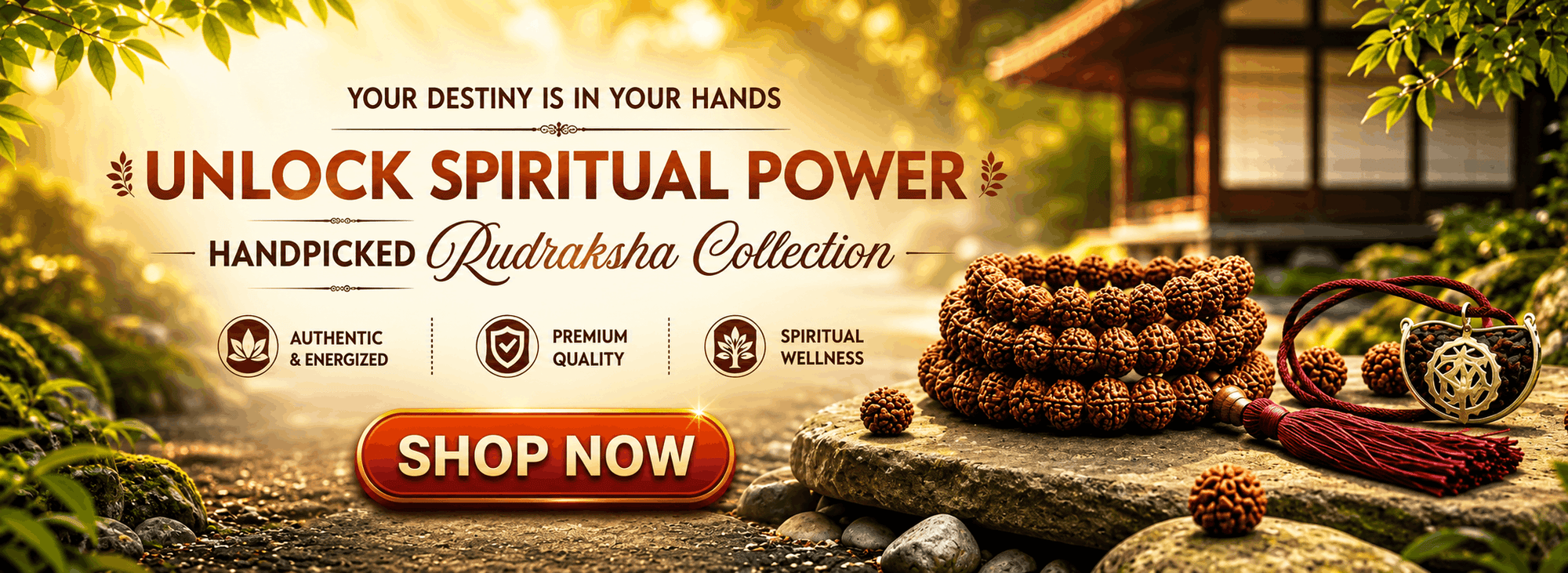 A promotional banner for a 'Rudraksha Collection' featuring a stack of brown Rudraksha beads, a red cord with a tassel, and a small brass bell on a stone in a garden setting. The banner includes text overlays like 'UNLOCK SPIRITUAL POWER', 'HANDPICKED Rudraksha Collection', and a 'SHOP NOW' button.