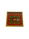 A colorful geometric shaped poster with Sanskrit script in various colors on a gold background.