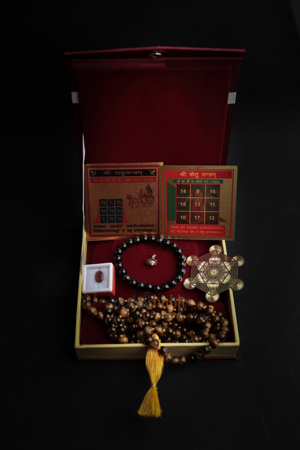 A Videsh Yatra Kit for foreign travel success, featuring a 5 Mukhi Rudraksha, a small silver coin, a yellow cloth, and a specific Yantra or energised talisman, arranged on a clean white background.