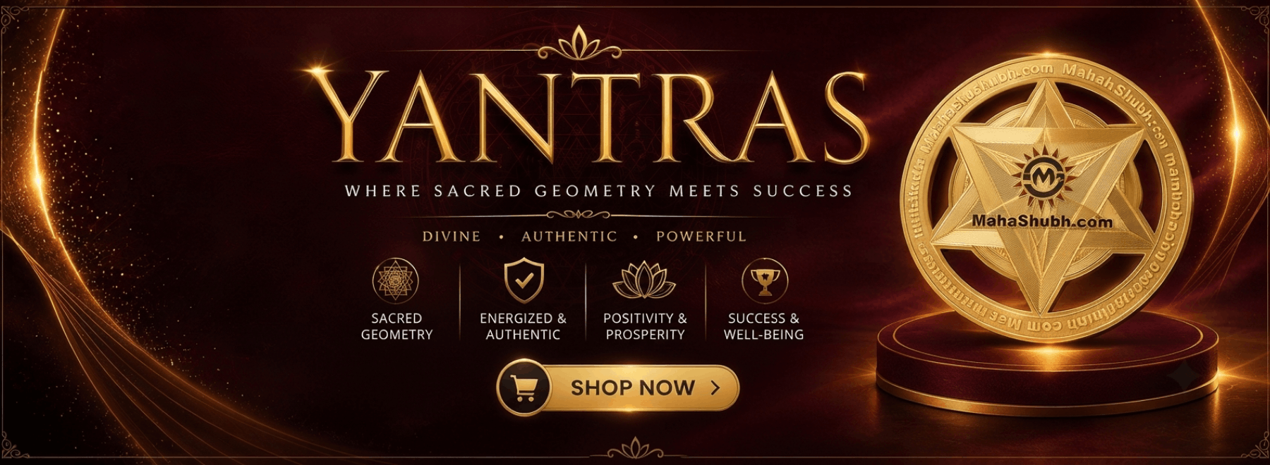 Promotional banner for Yantras featuring a large gold emblem on a pedestal, with the word 'YANTRAS' in gold text on a dark brown background and decorative glowing gold swirls.